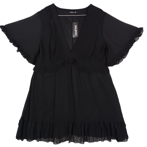 Boohoo Swiss Dot Sheer Dress Size 16 Black Fully Lined V Neckline NWT - Picture 1 of 8